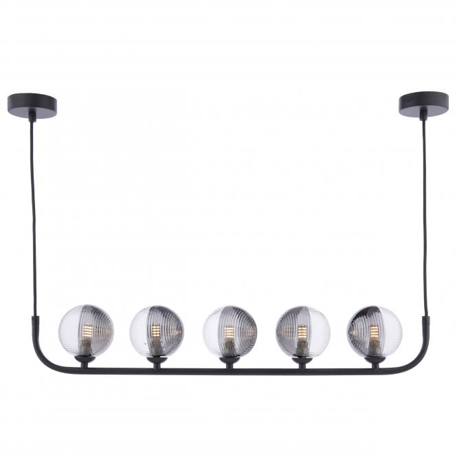 Dar Lighting Dar Lighting Cradle 5 Light Linear Pendant In Matt Black With Smoked & Clear Ribbed Glass Shades