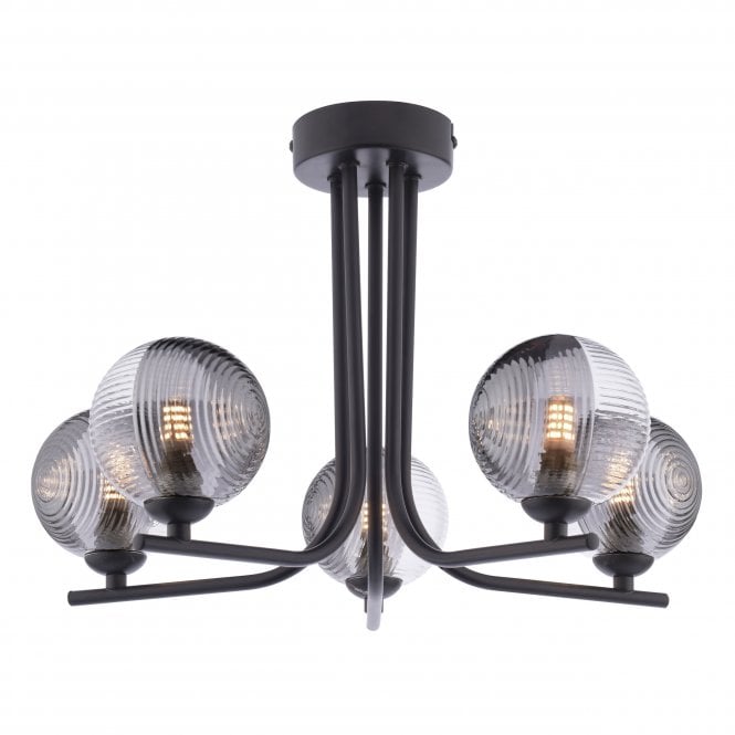 Dar Lighting Dar Lighting Cradle 5 Light Semi Flush Ceiling Light In Matt Black With Smoked & Clear Ribbed Glass Shades