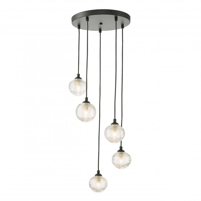 Dar Lighting Dar Lighting Federico 5 Light Cluster Pendant In Matt Black With Clear Ribbed Glass Shades