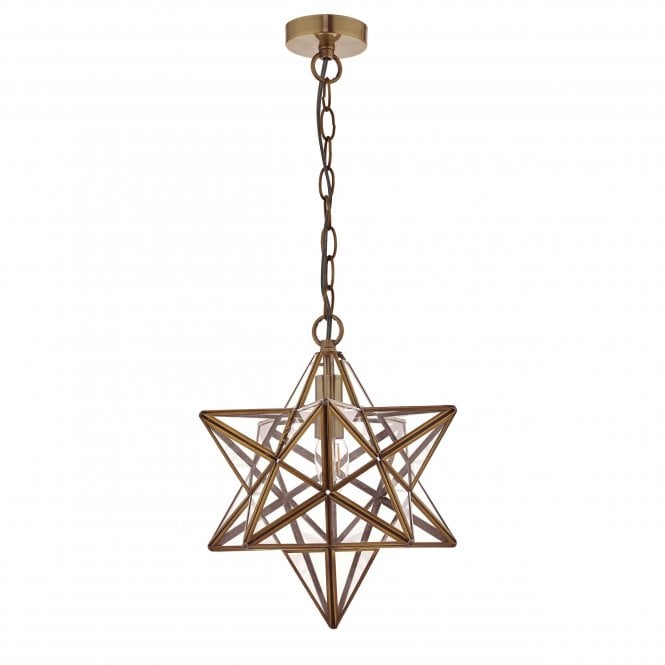 Dar Lighting Dar Lighting Ilario Large Star Single Pendant In Antique Brass With Glass Panels